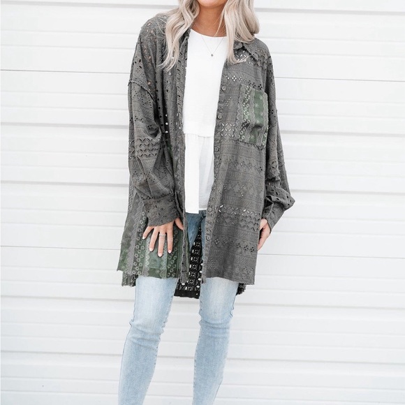 Duffel Green Eyelet Pattern Patchwork Oversized Button Up Shacket Bohemian style - Picture 10 of 15